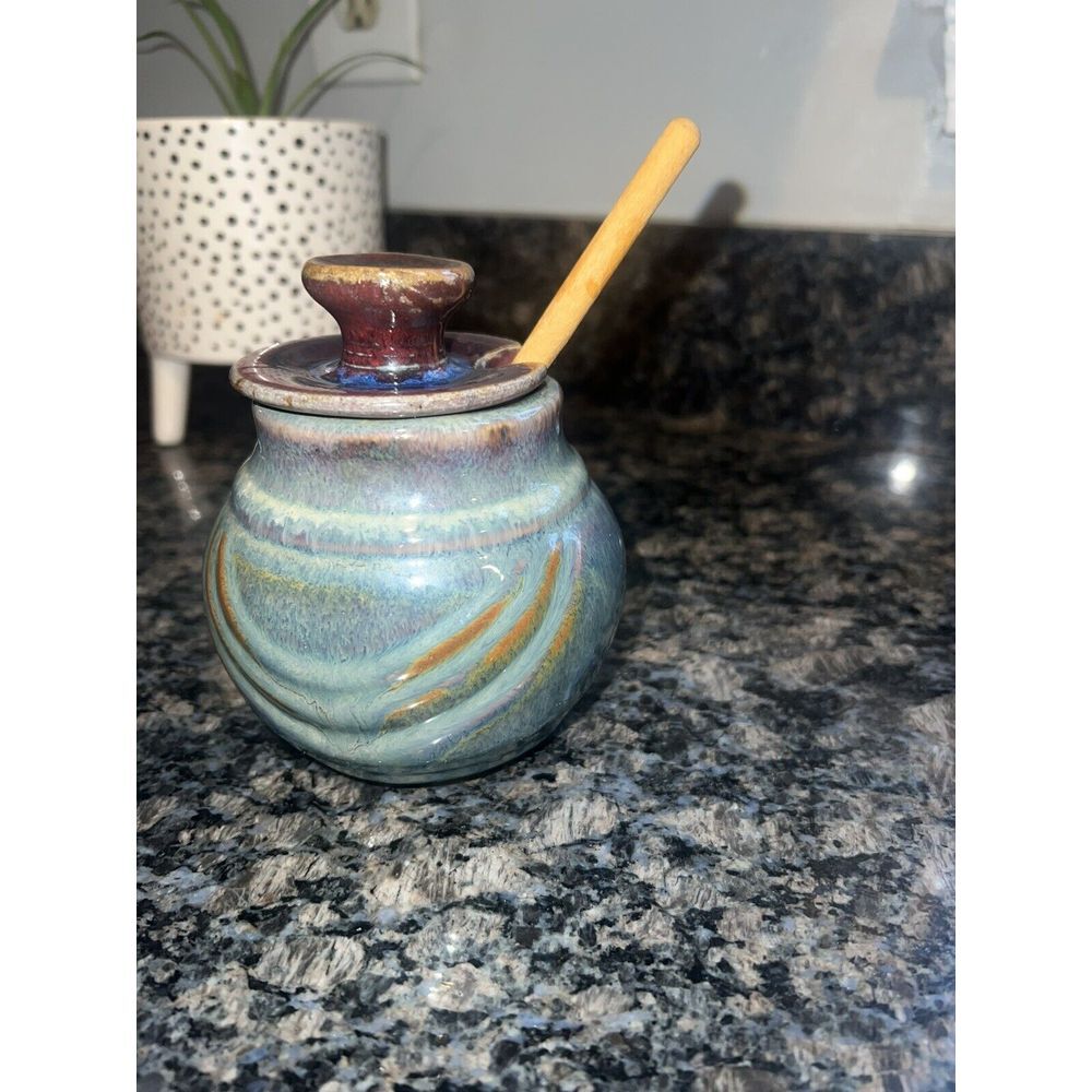 Studio Art Handmade Pottery Blue Color Theme‎ Drip Glaze Honey With Wood Dipper